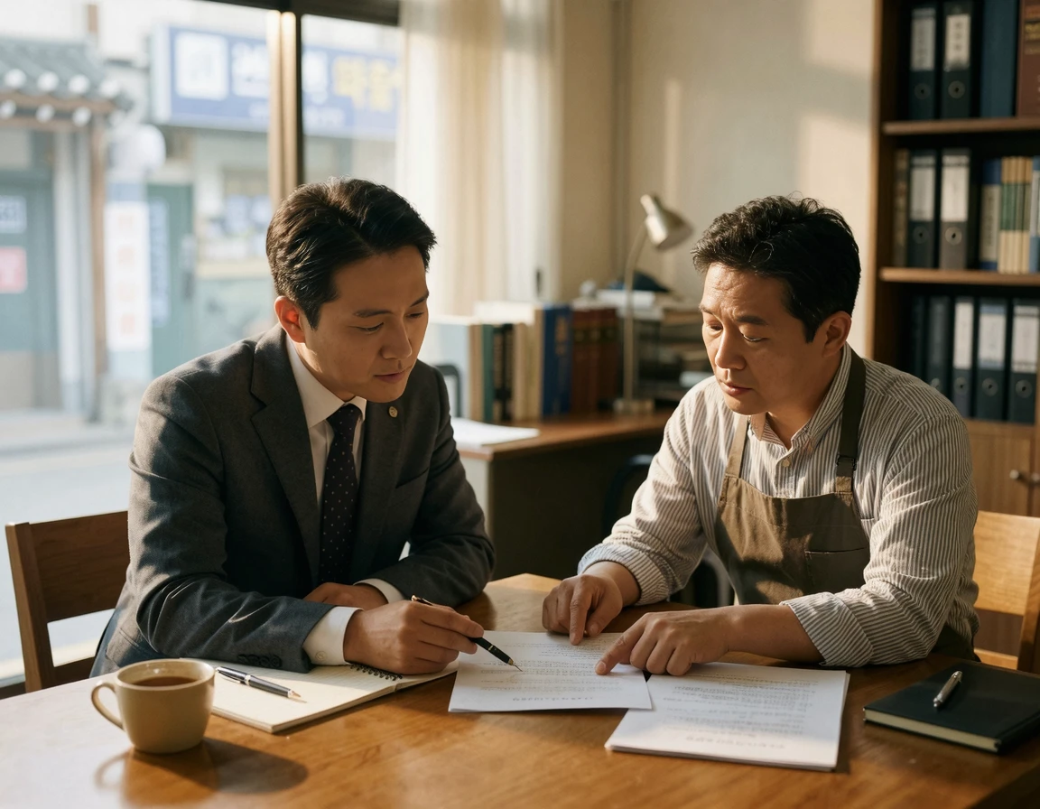 법률 전문가와 진지하게 서류를 검토하며 상담하는 식당 사장님