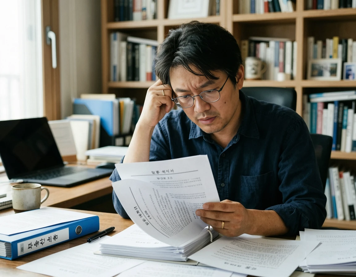 법률 문서를 보며 좌절하는 남성