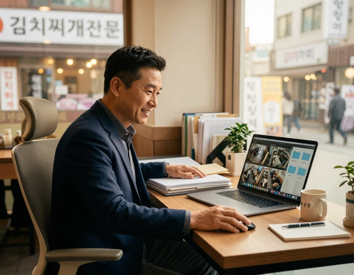 책상에 앉아 노트북으로 증거 자료와 CCTV 영상을 정리하는 사장님