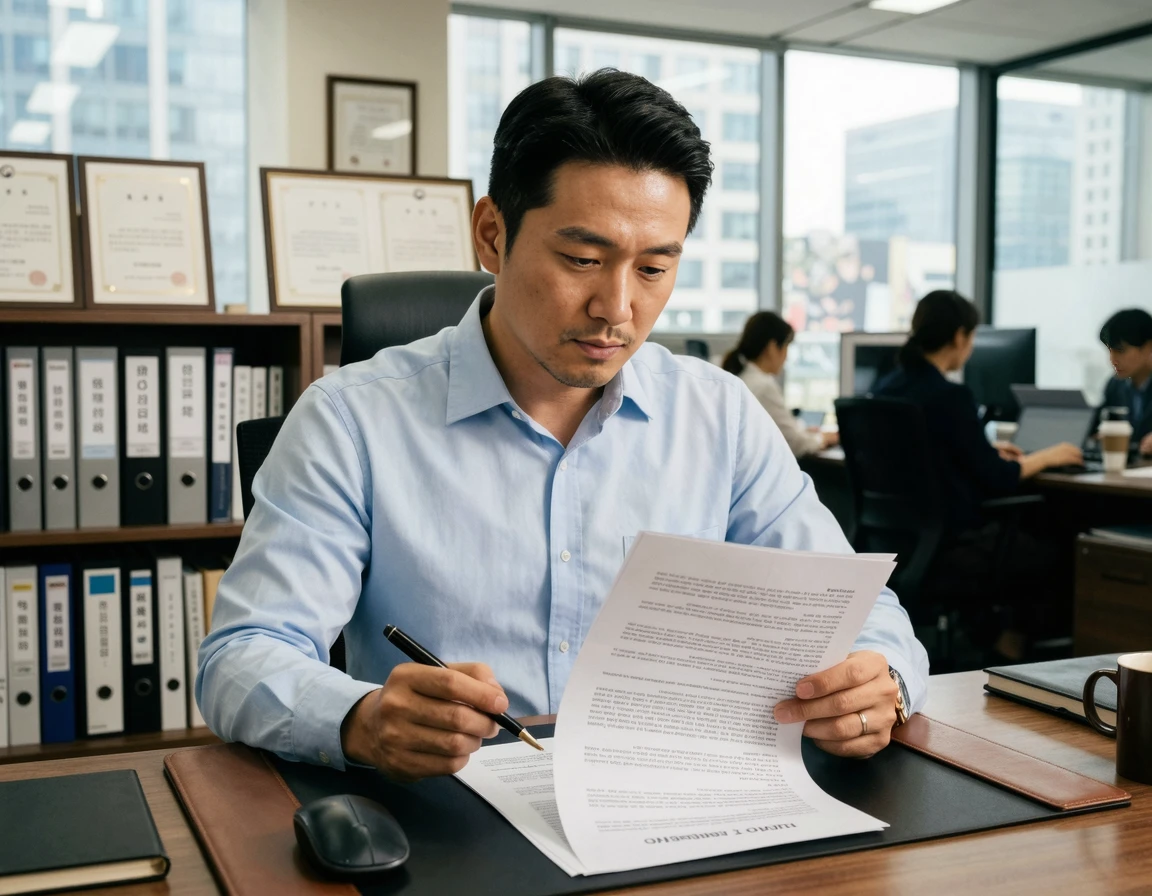 출력된 신문조서를 펜을 들고 꼼꼼하게 검토하는 모습