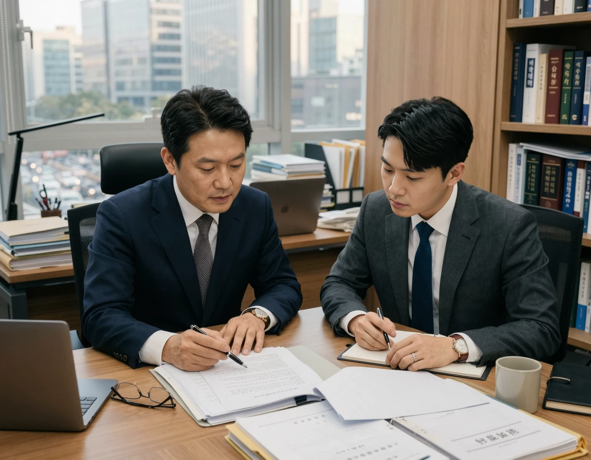 서류를 검토하며 대화하는 두 남성