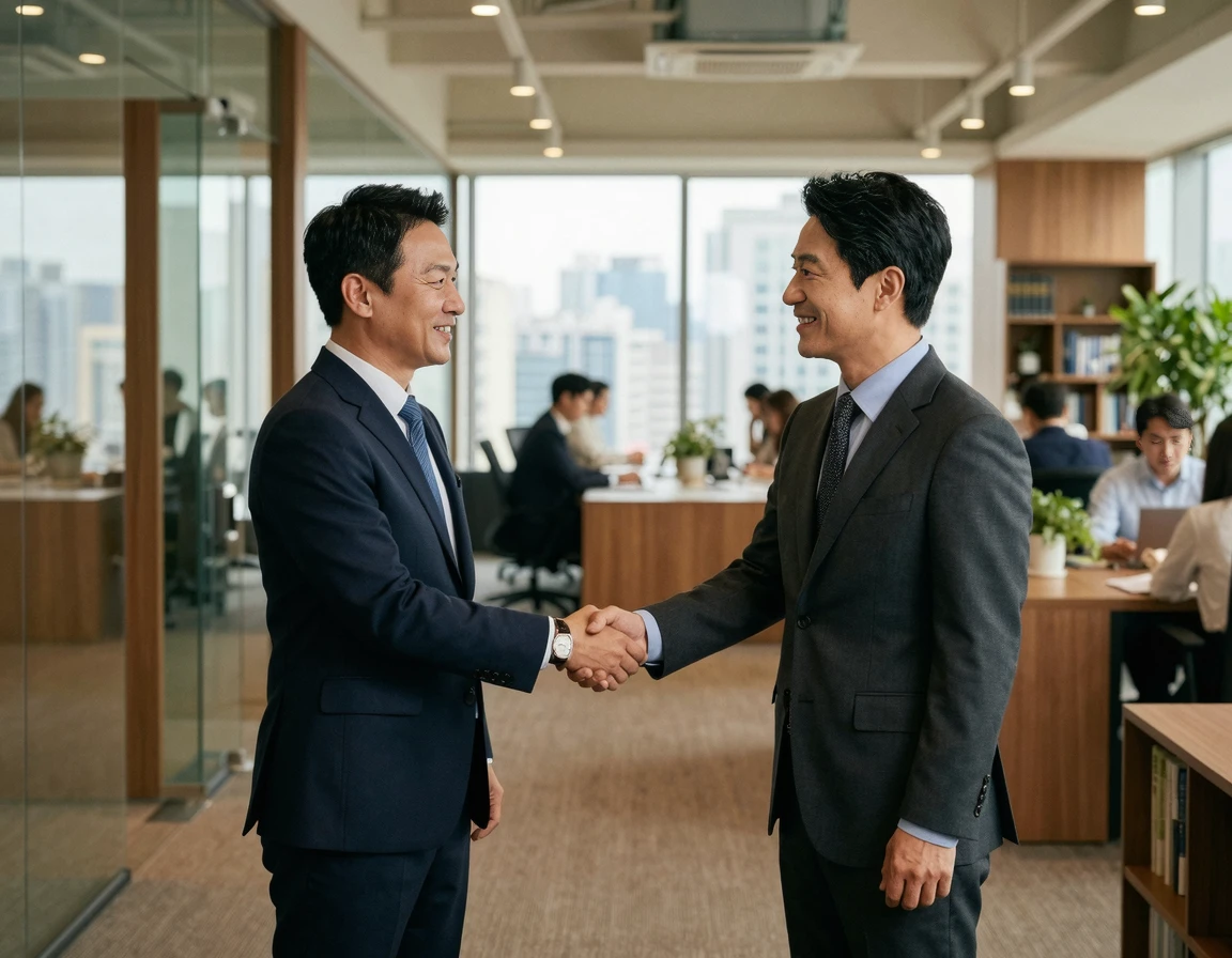 사무실에서 악수하는 두 명의 한국인 변호사