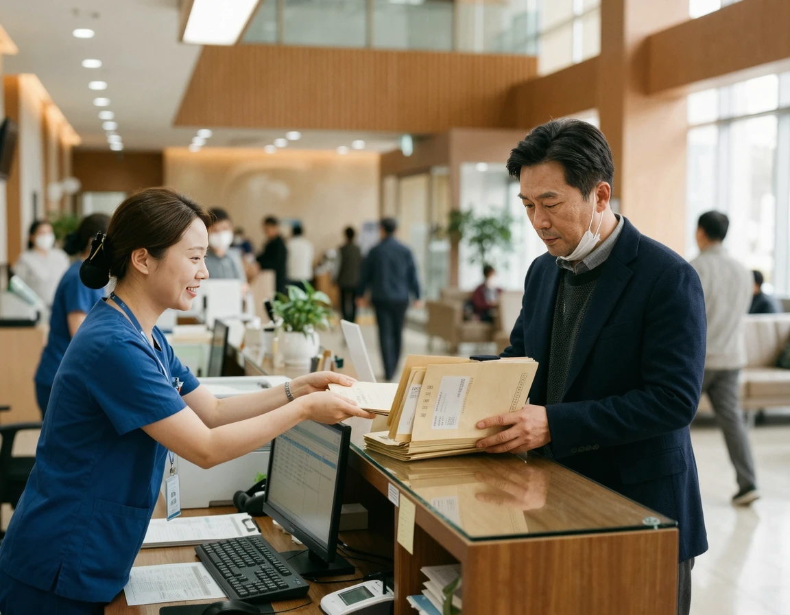 병원 원무과에서 진료기록부를 발급받는 모습