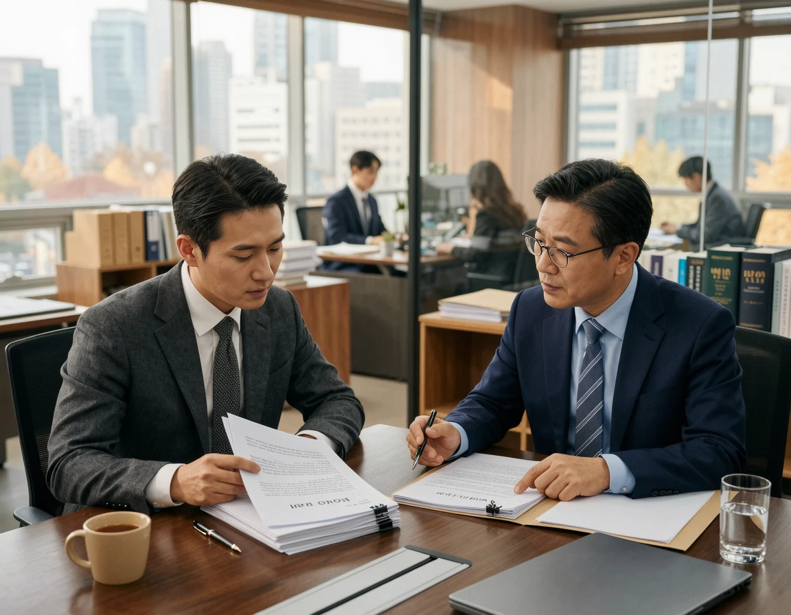 변호사 사무실에서 고소장 작성을 논의하는 모습