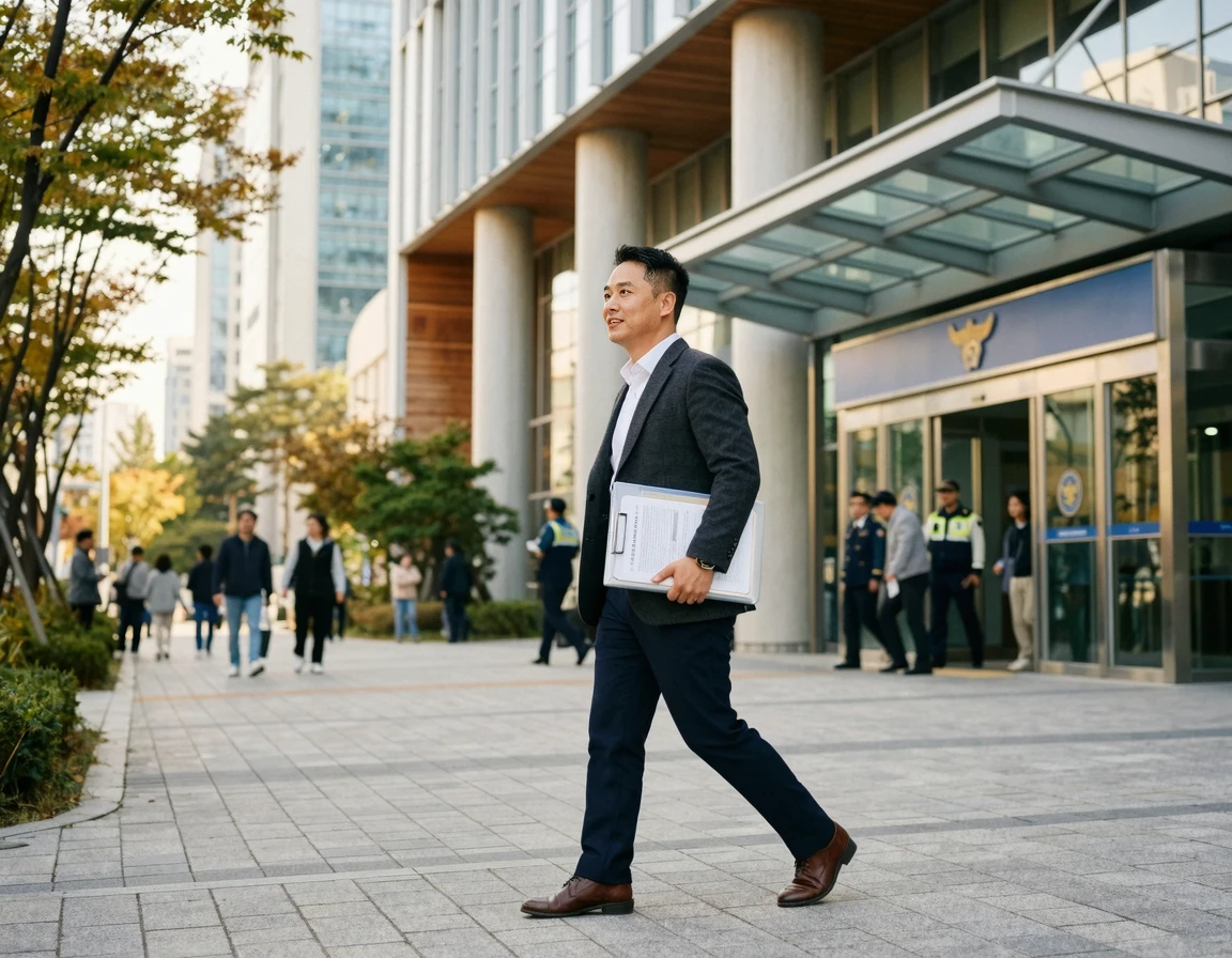 증거 서류가 든 폴더를 들고 경찰서로 향하는 40대 남성