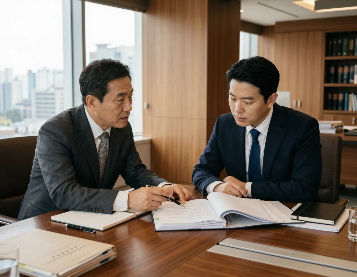 법률 사무소에서 진지하게 서류를 검토하며 역고소 절차를 논의하는 모습
