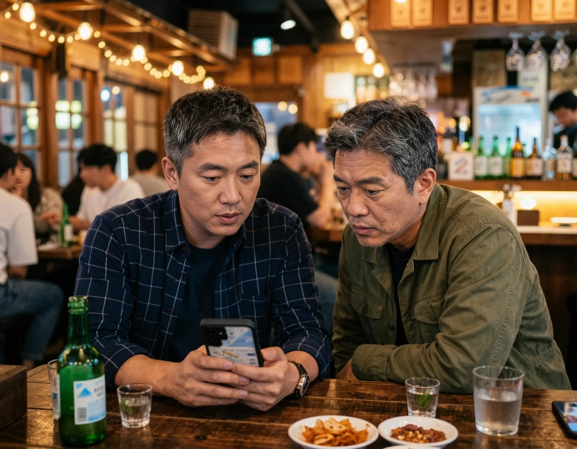 술집에서 스마트폰으로 증거를 확인하며 심각하게 대화하는 두 남성