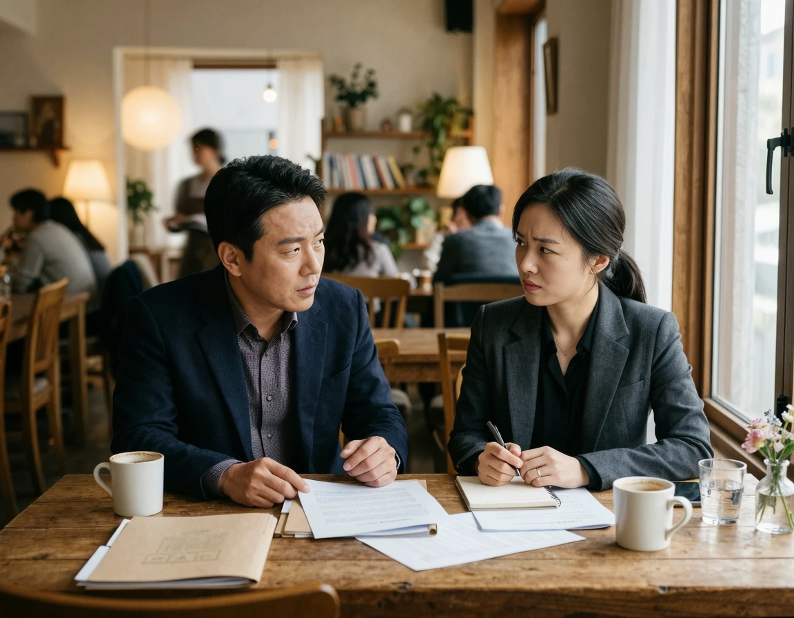 법적 분쟁을 겪고 있는 두 사람의 심각한 대화