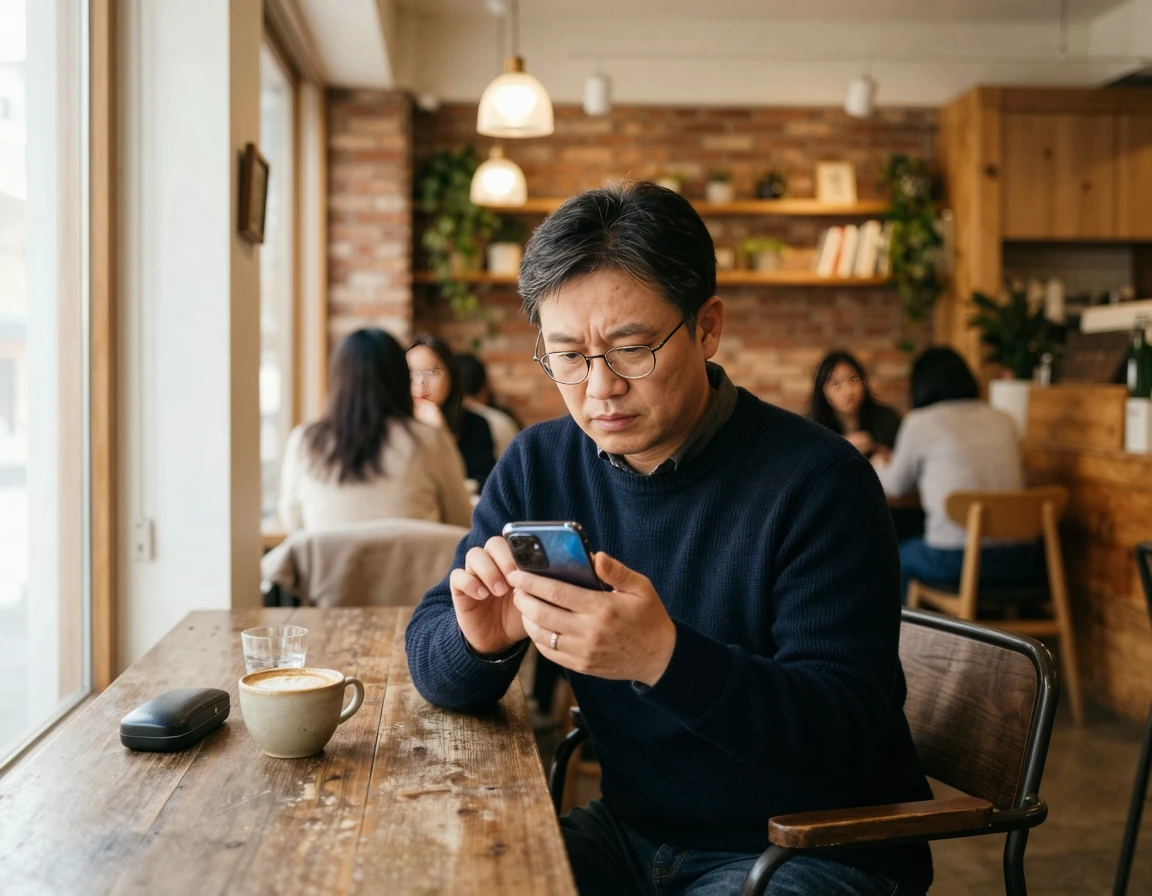 스마트폰을 보며 근심에 빠진 40대 남성