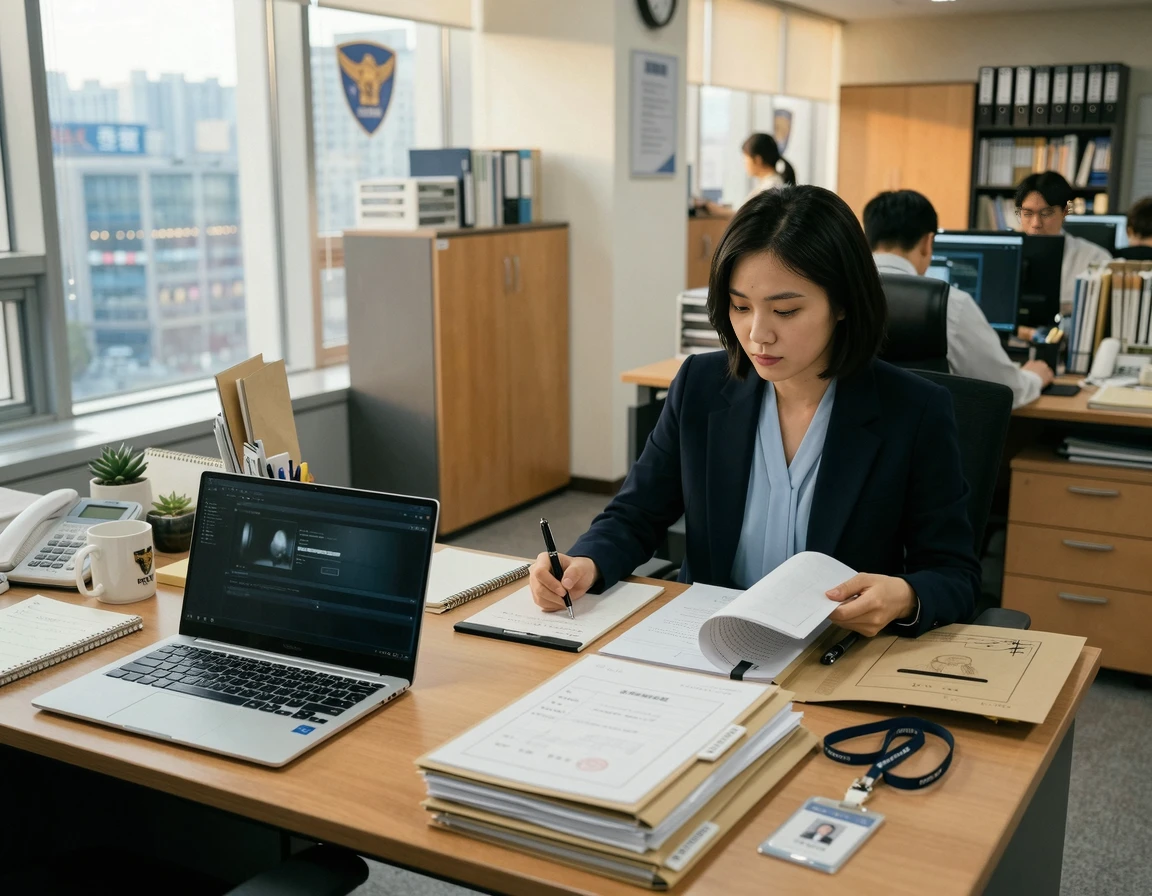 수사 서류와 노트북이 놓인 깔끔한 사무실 책상