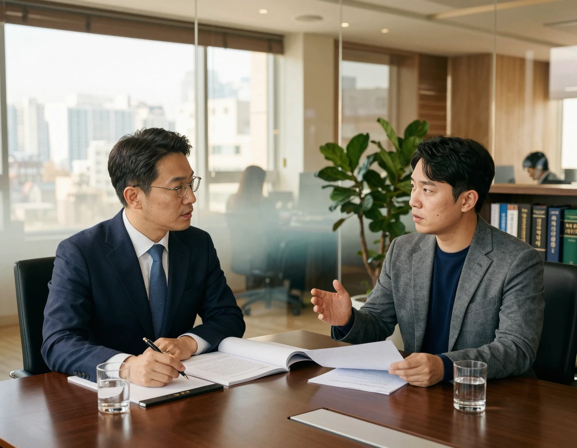 변호사와 진지하게 상담 중인 의뢰인