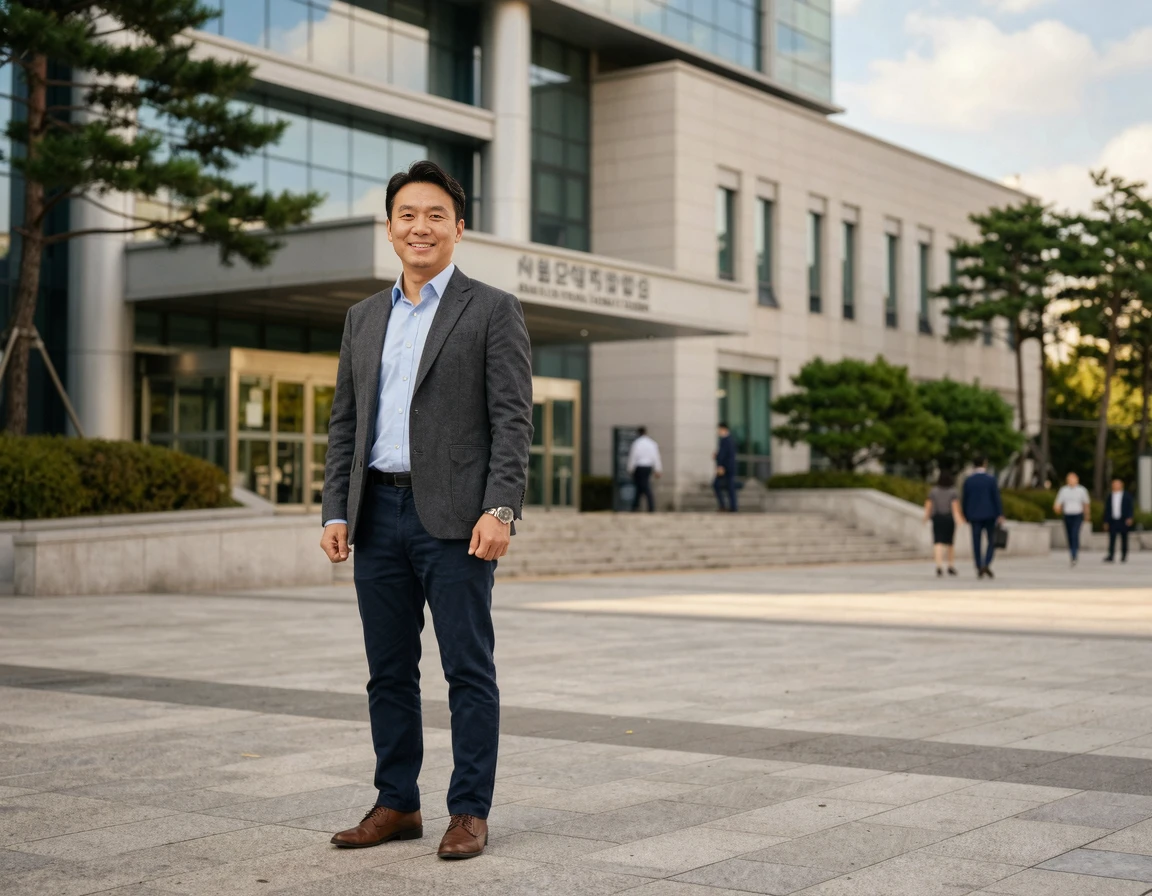 법원 건물 앞에 서 있는 자신감 있는 40대 한국인 남성