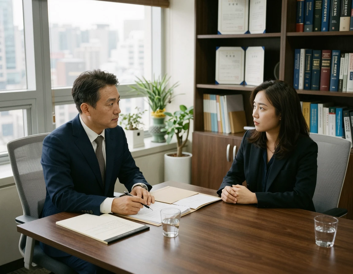상담실에서 심각하게 대화하는 한국인 변호사와 의뢰인