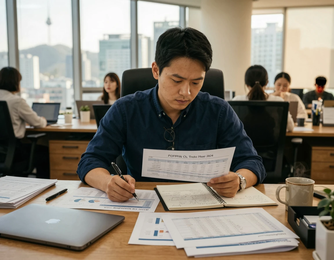책상에 앉아 금융 서류를 꼼꼼히 검토하는 남성의 모습