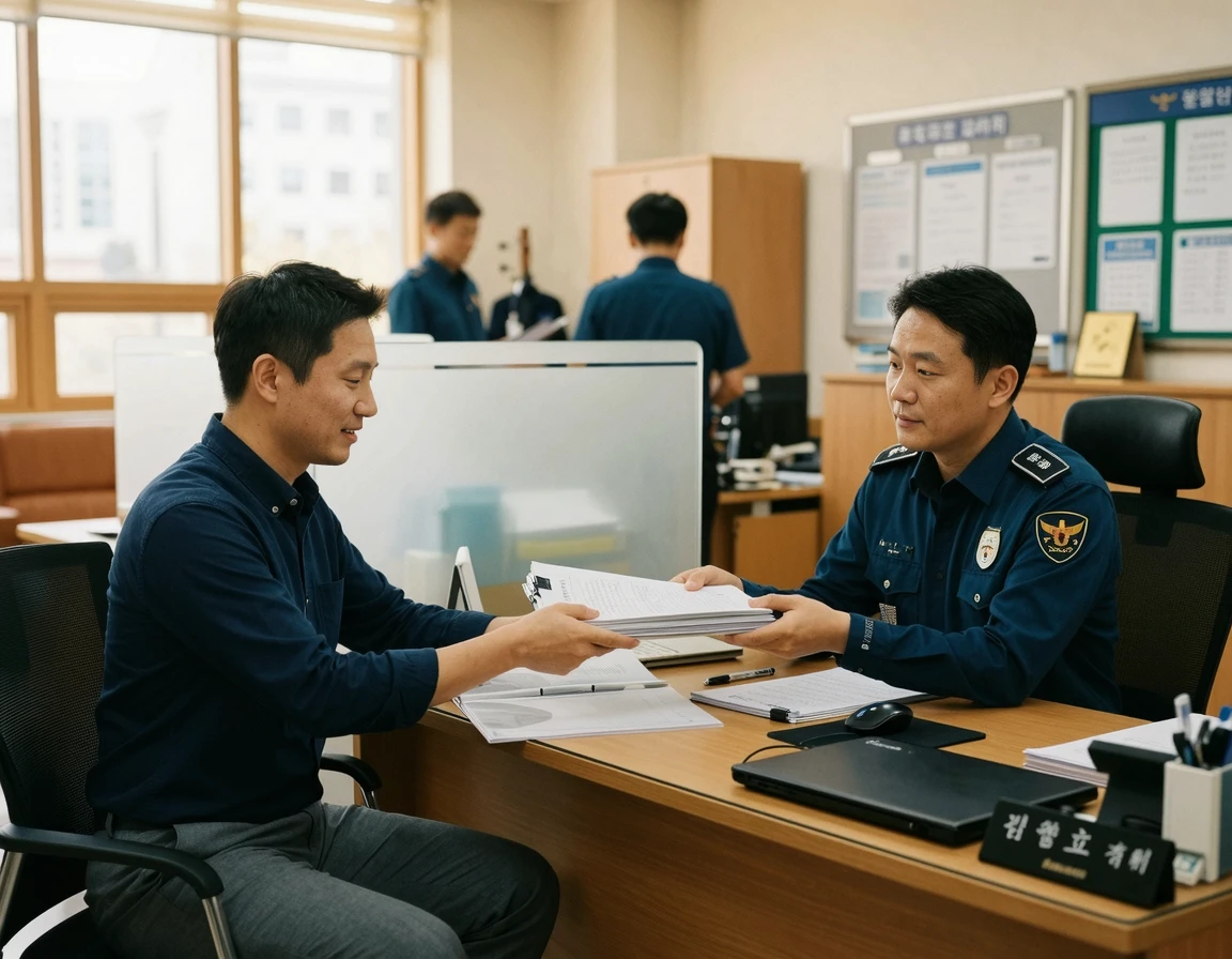 경찰서에서 수사관에게 고소장과 증거 서류를 제출하는 모습