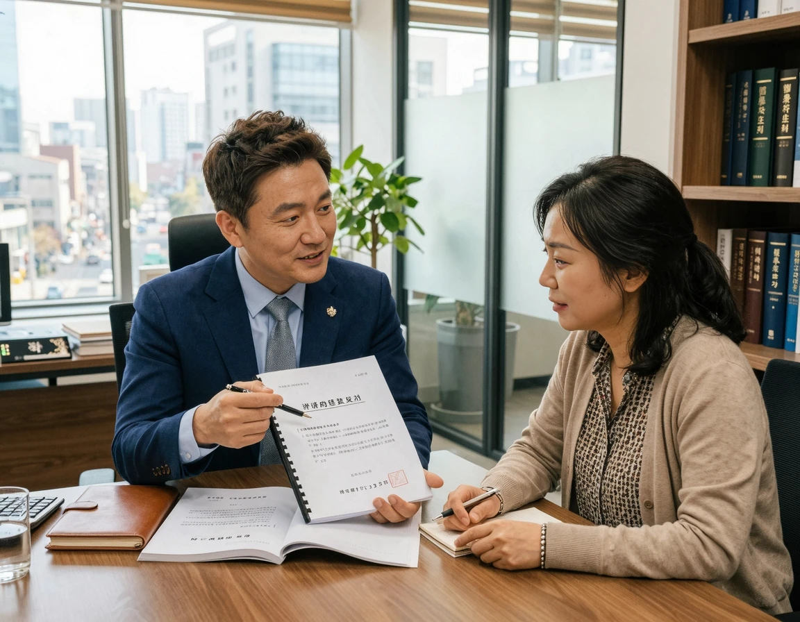 의뢰인에게 문서를 설명하는 한국인 법률 전문가