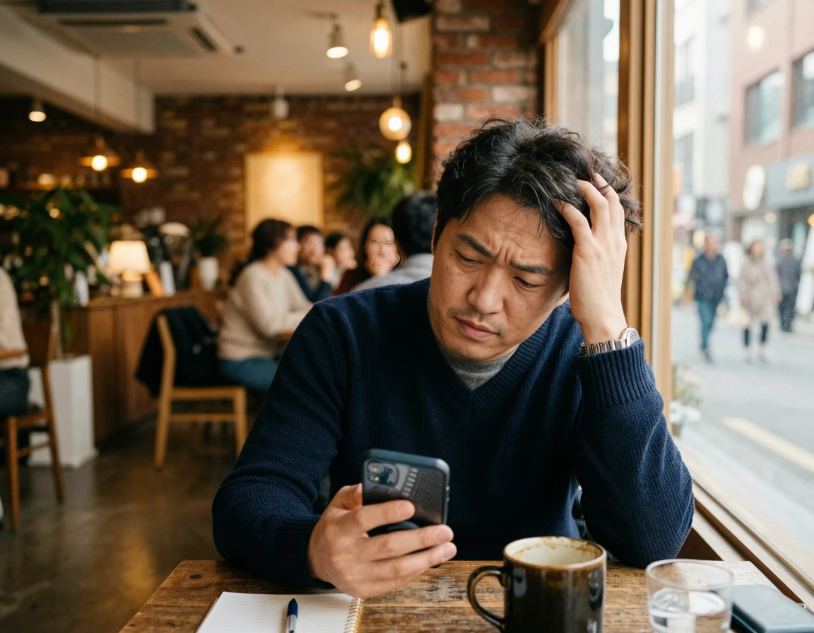 스마트폰을 보며 당황해하는 40대 한국 남성의 모습