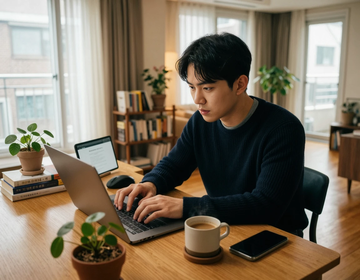 노트북으로 긴급하게 계정 복구를 시도하는 한국 남성의 모습
