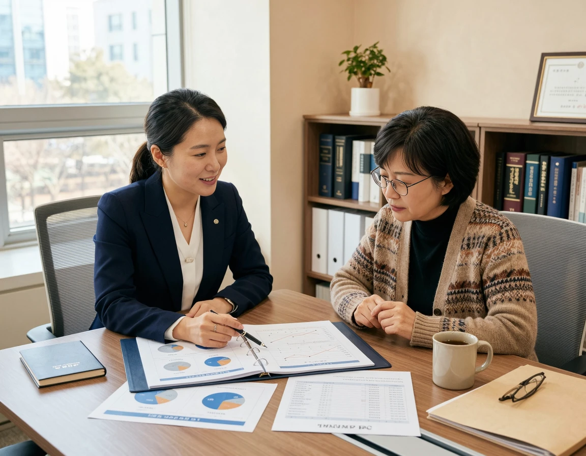 변호사와 의뢰인이 은행 거래 내역을 보며 범행 날짜를 분석하는 모습