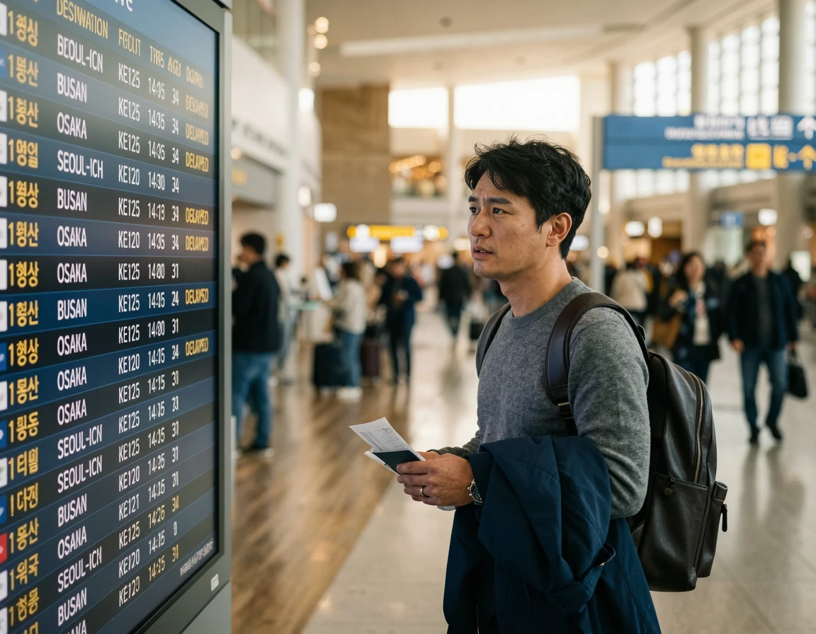 공항 출국장 전광판을 불안하게 바라보는 남성