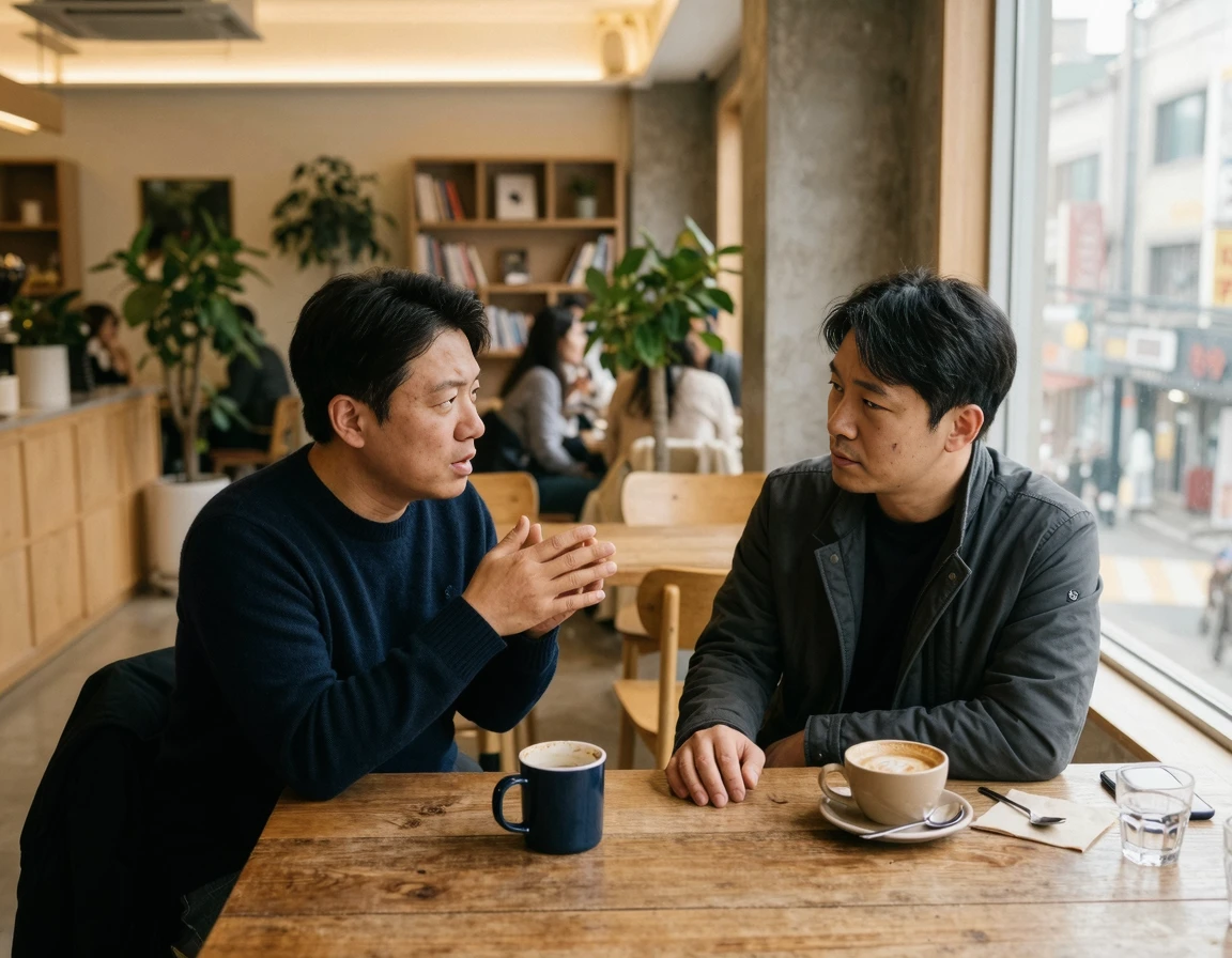 카페에서 심각하게 대화를 나누는 두 남성의 모습
