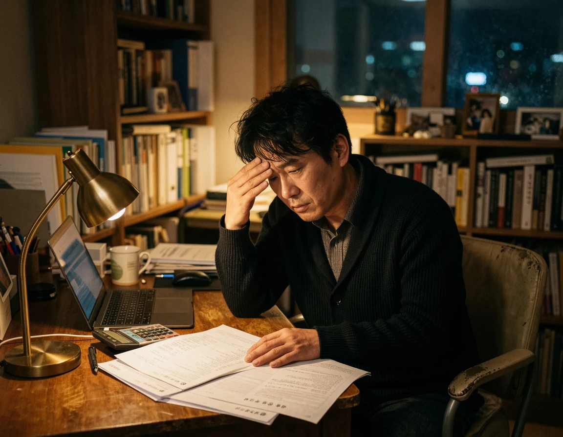 밤늦게 서류를 보며 스트레스 받는 남성
