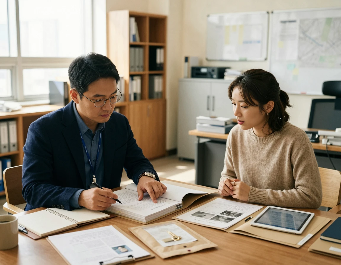 경찰 수사관과 시민이 서류와 증거를 검토하는 모습