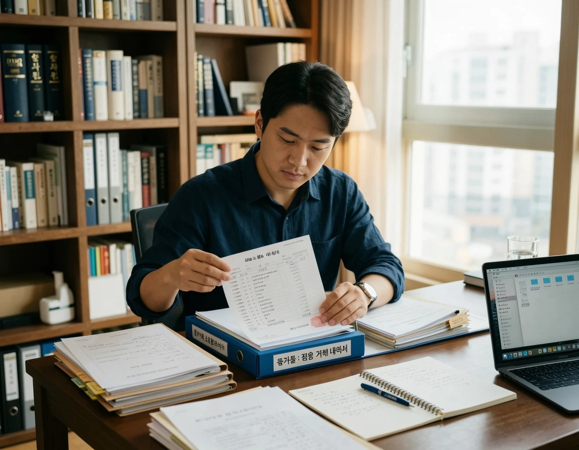 증거 자료와 서류를 꼼꼼히 정리하는 한국 남성의 모습