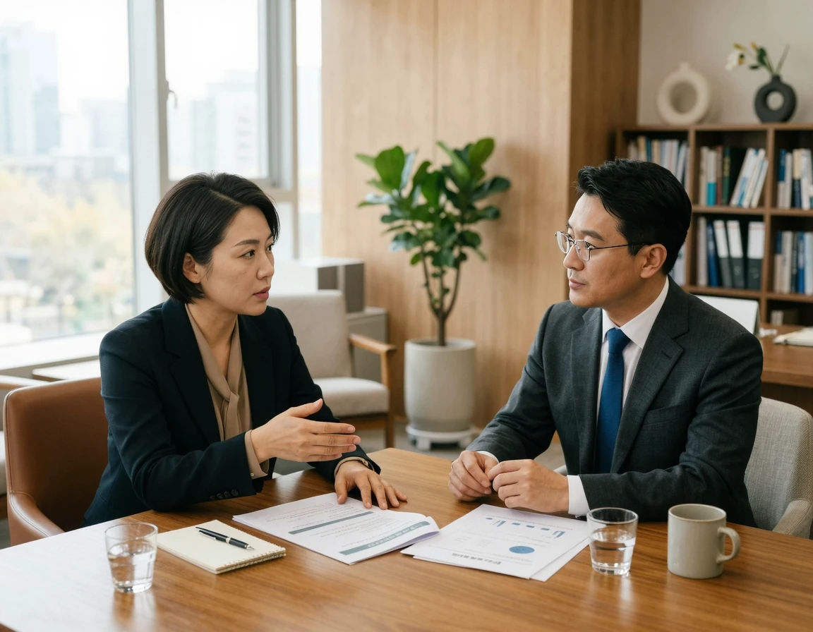 법률 상담실에서 진지하게 대화하는 두 사람