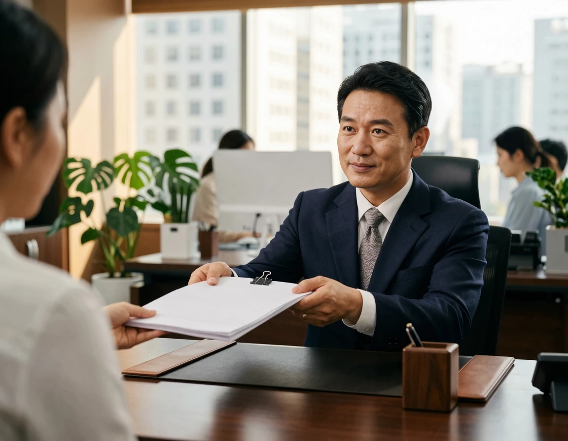책상 너머로 서류를 정중하게 돌려주며 서명을 거부하는 단호한 표정의 남성