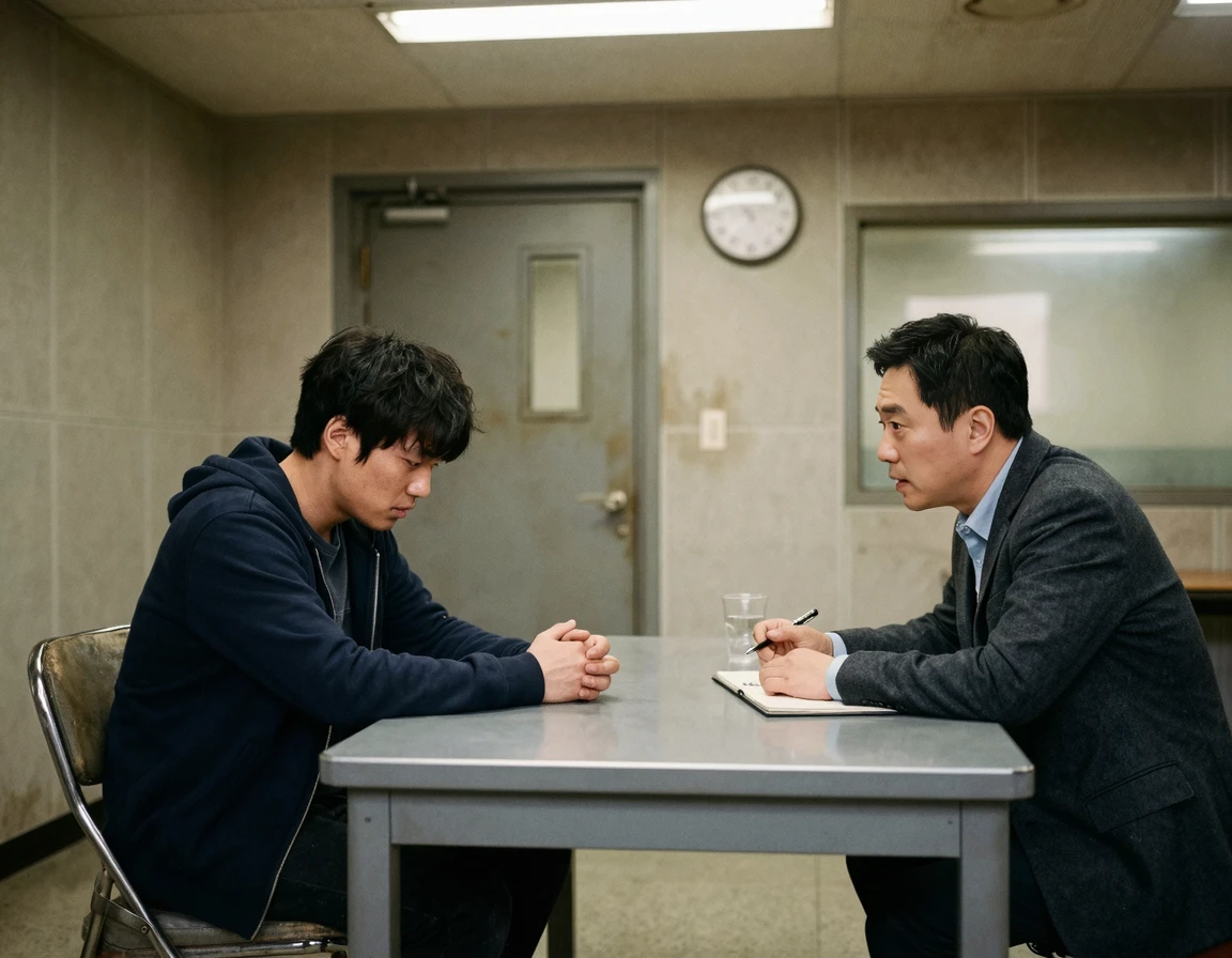 경찰 조사실에서 혼자 수사관의 질문을 받으며 압박감을 느끼는 피의자