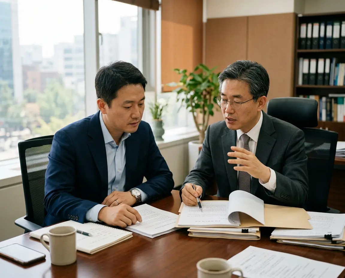 변호사와 나란히 앉아 진지하게 서류를 검토하며 상담하는 남성