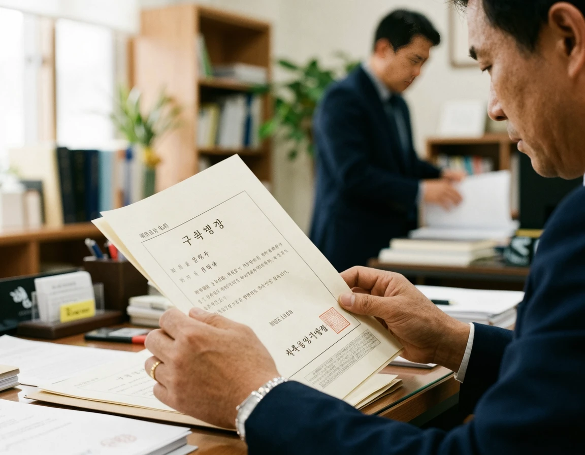 압수수색 영장의 상세 내용을 꼼꼼히 확인하는 모습