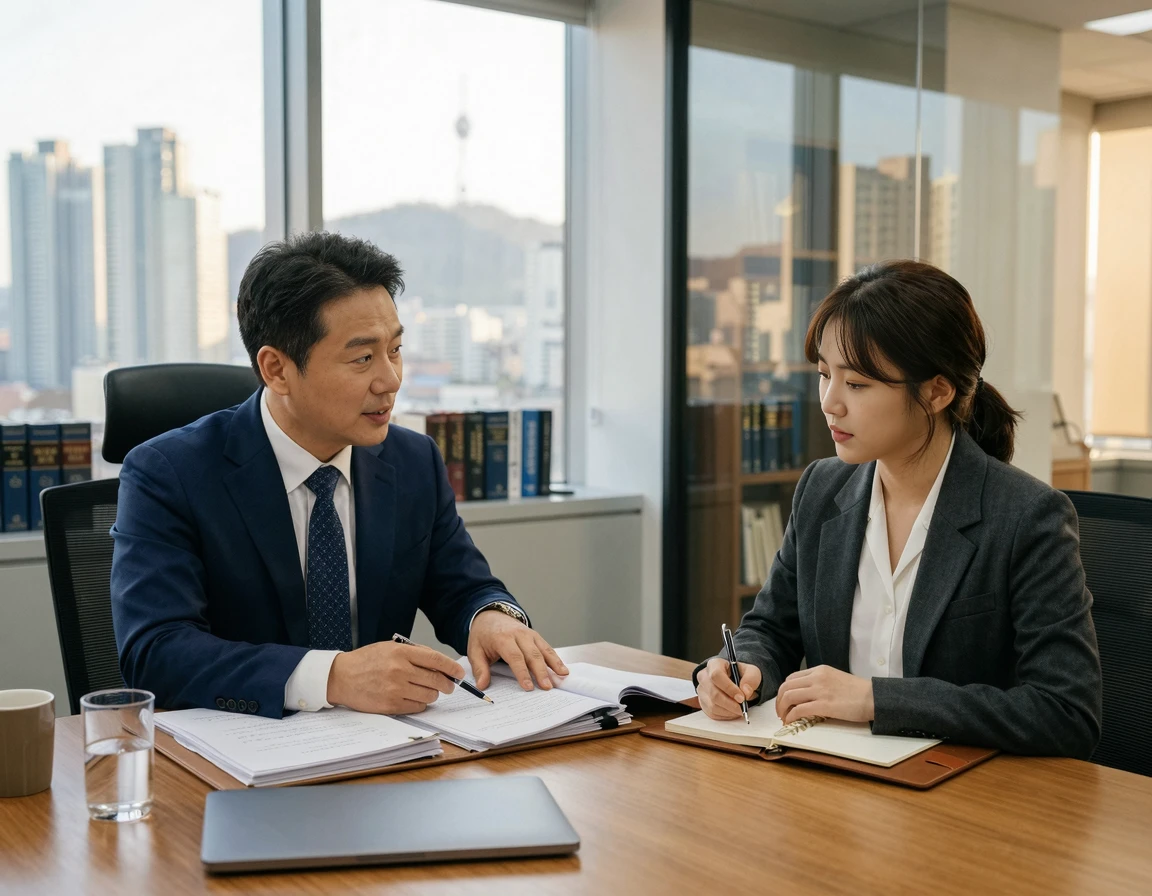 한국 법률 사무소에서 변호사와 의뢰인이 서류를 보며 진지하게 상담하는 모습