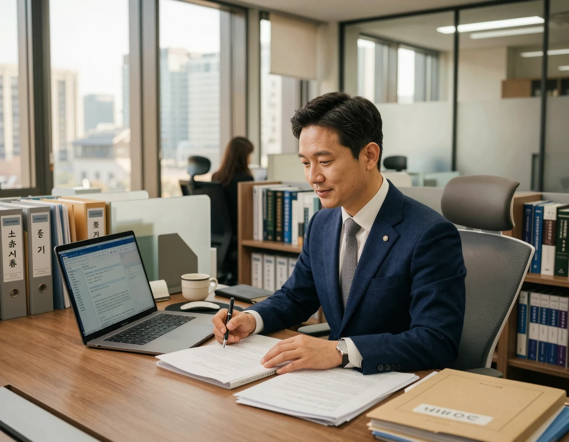 디지털 증거와 서류를 검토하는 한국인 변호사의 모습