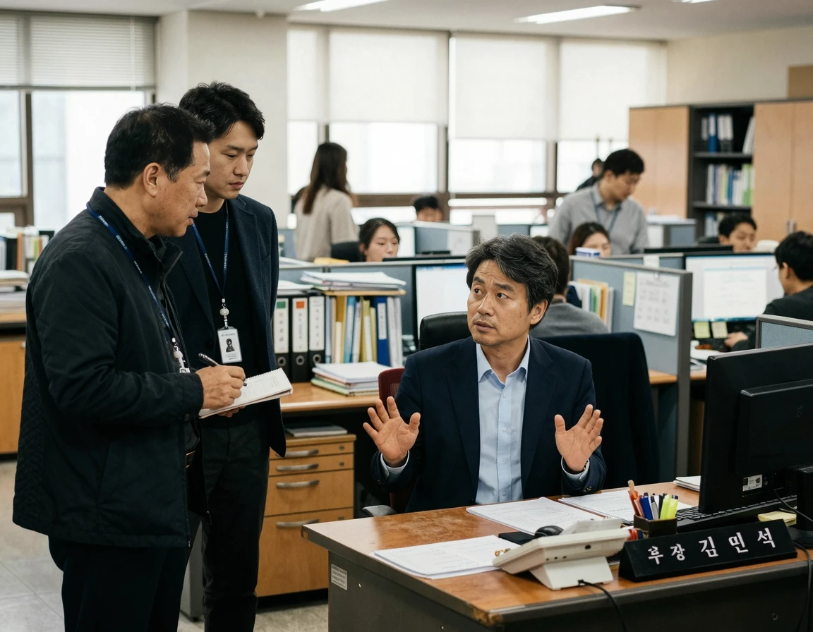 수사관들 앞에서 물리적 저항 없이 차분하게 대응하는 피의자의 모습