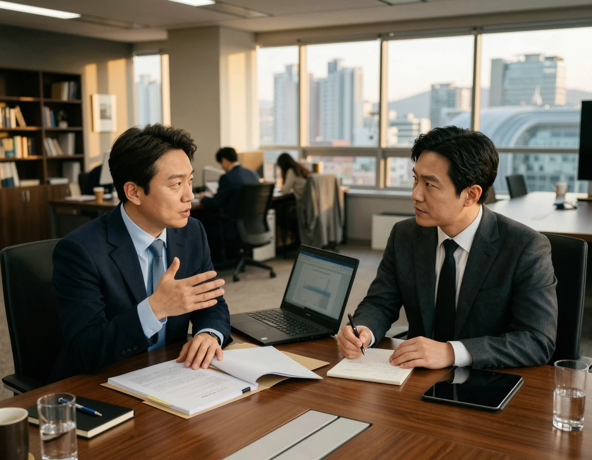 문서를 보며 진지하게 방어 전략을 논의하는 모습