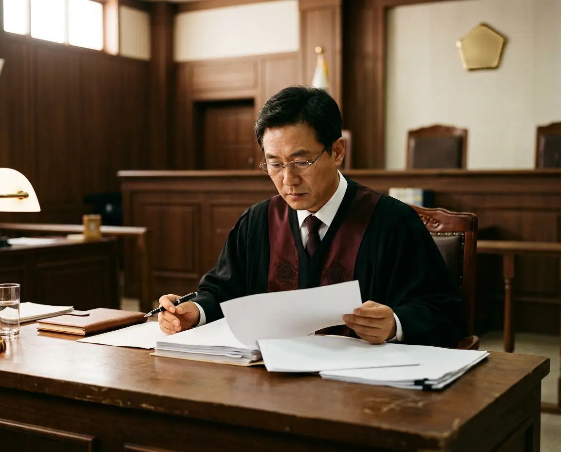 법정에서 서류를 검토하며 판결을 고민하는 판사