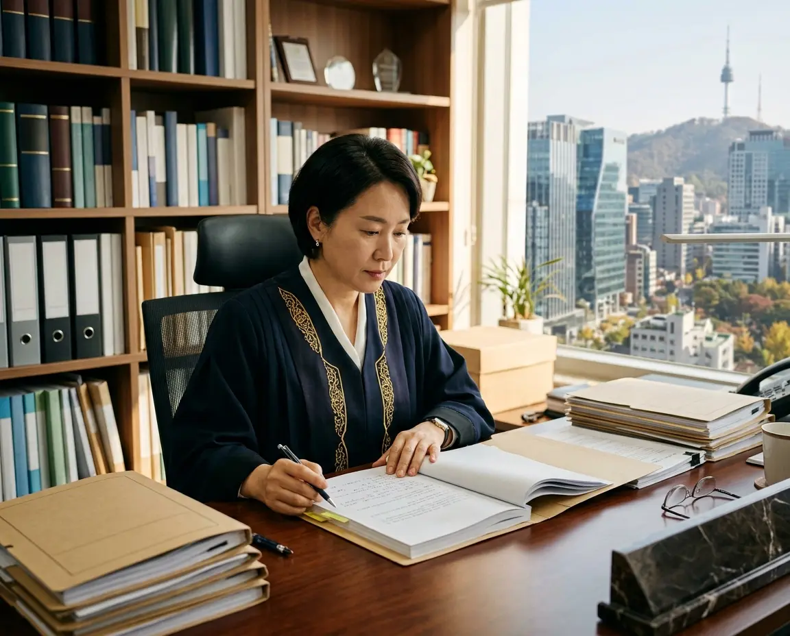 밝은 사무실에서 사건 기록을 검토하는 판사의 모습