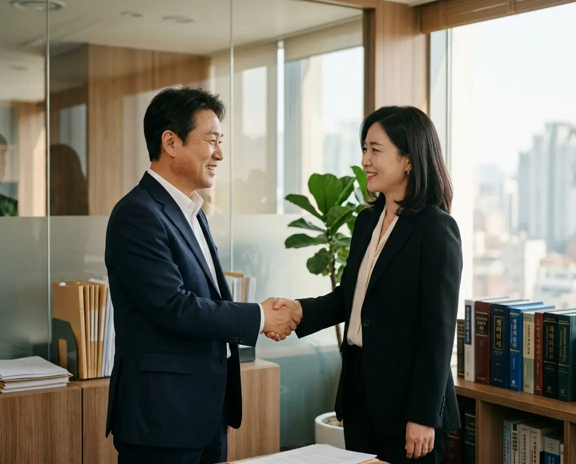 현대적인 사무실에서 형사 전문 변호사와 악수하며 안도하는 남성