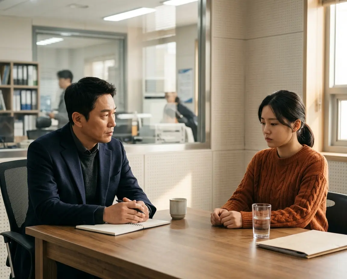 조사실에서 마주 앉아 대화하는 형사와 참고인