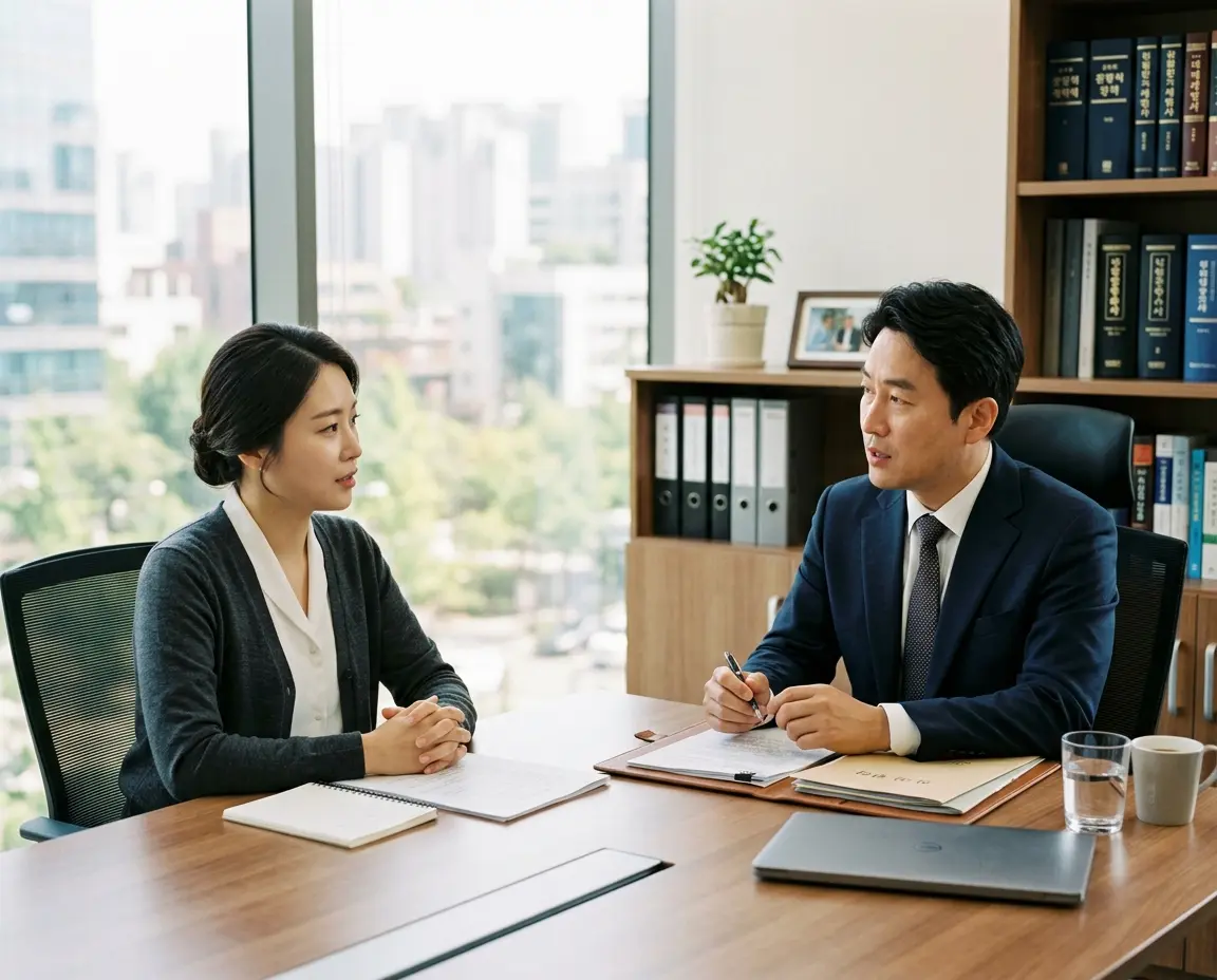 밝고 깔끔한 법률 사무소에서 상담 중인 변호사와 의뢰인