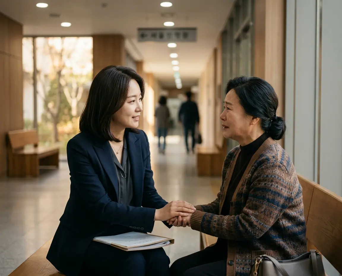 법원 복도에서 의뢰인을 따뜻하게 안심시키는 여성 변호사