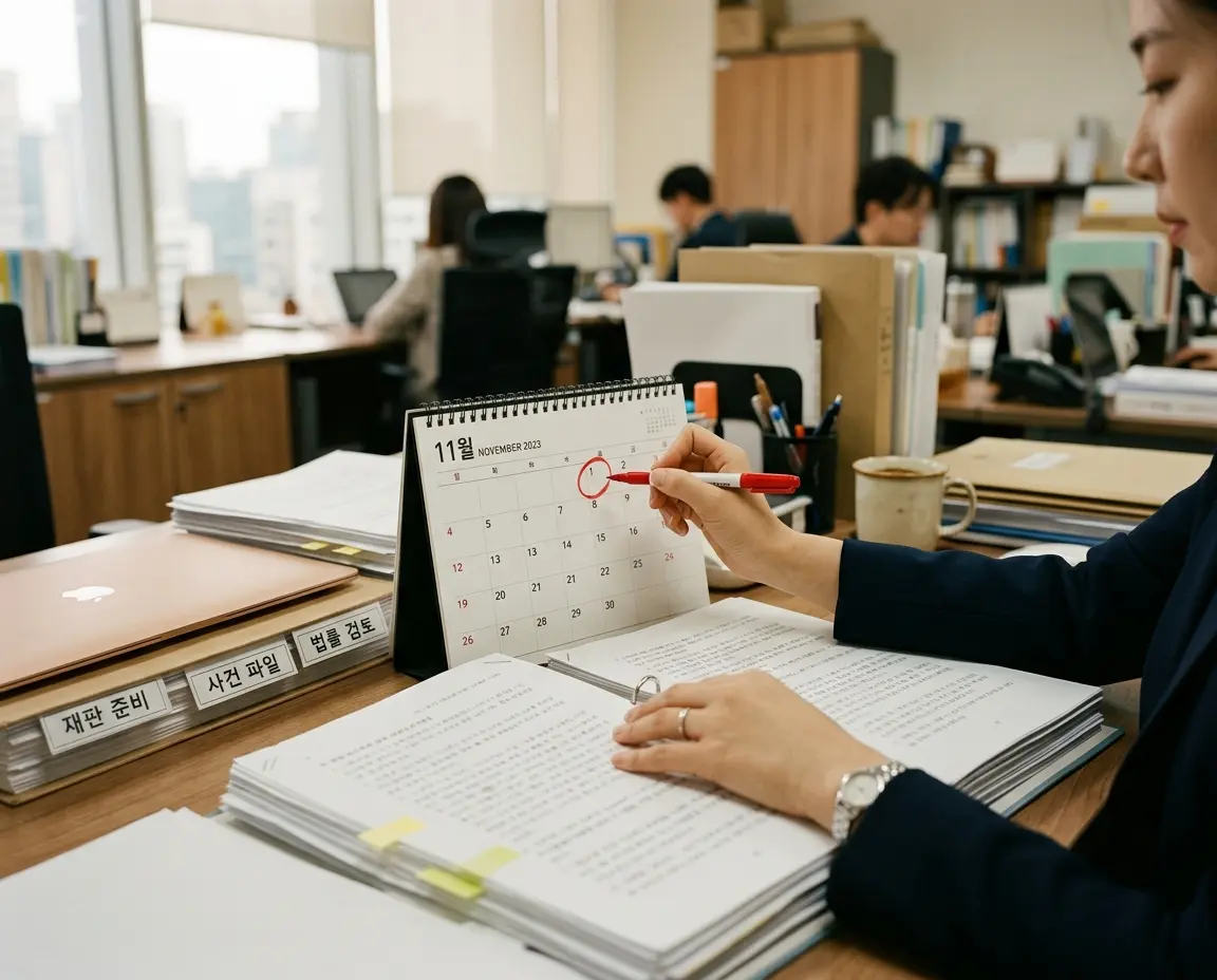 달력에 날짜를 표시하며 법률 서류를 검토하는 모습