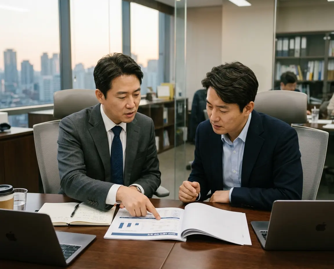회의실에서 회계 장부와 증거 자료를 분석하며 논의하는 두 남성의 모습