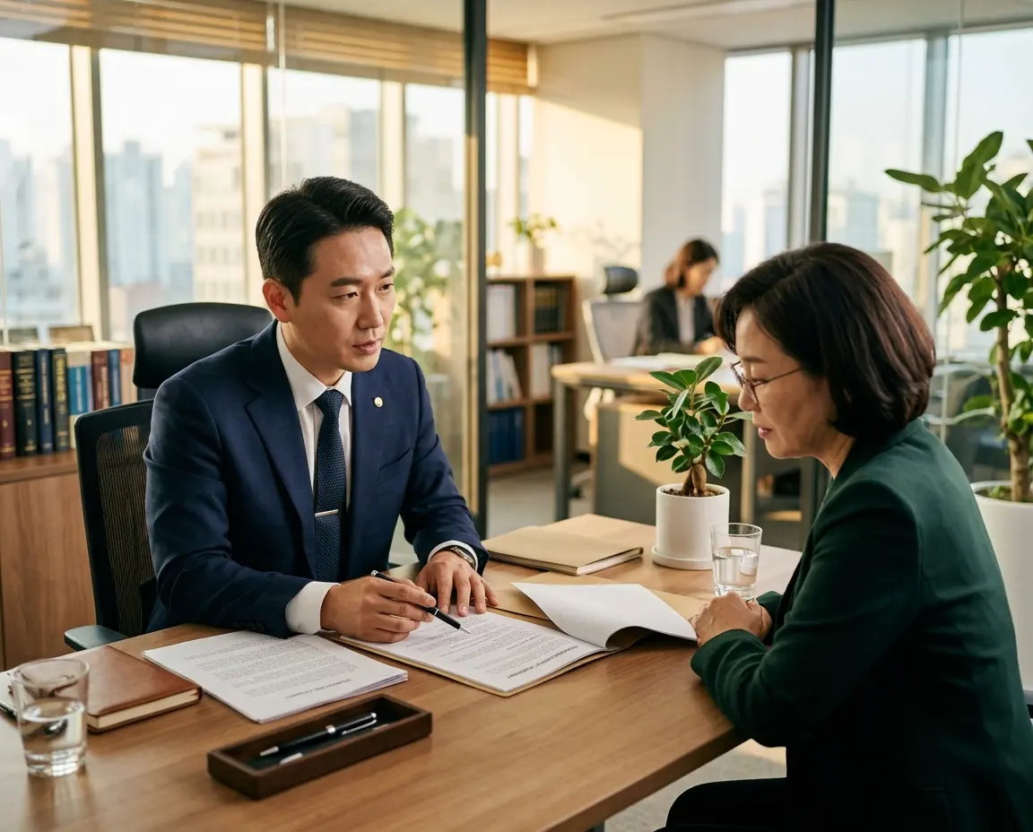 의뢰인에게 법적 요건을 설명하는 변호사