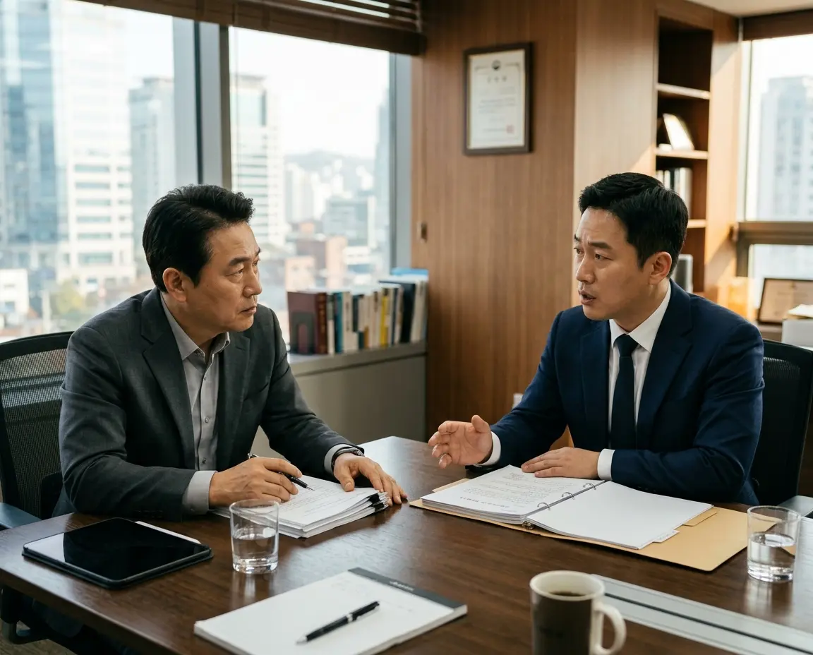 테이블을 사이에 두고 심각하게 법률 상담을 진행하는 두 남성