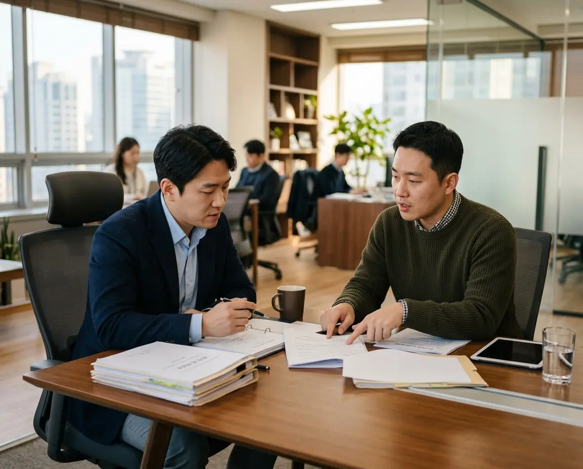 사무실에서 진지하게 서류를 검토하며 대화하는 두 한국인 남성