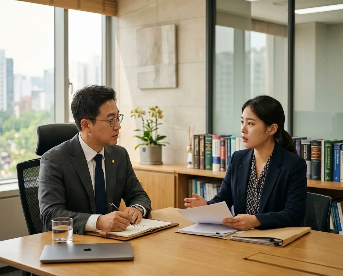 상담실에서 진지하게 대화를 나누고 있는 변호사와 의뢰인