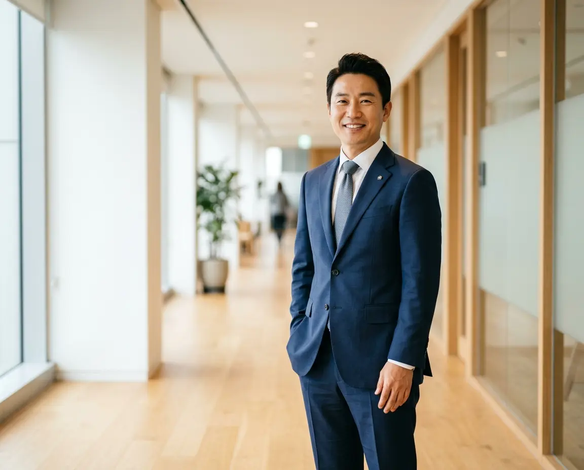 현대적인 복도에 서서 부드럽고 자신감 있는 미소를 짓고 있는 40대 남성 전문가